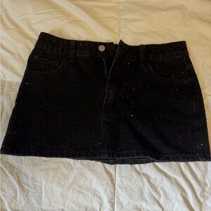Black Denim Rhinestone Mini Skirt